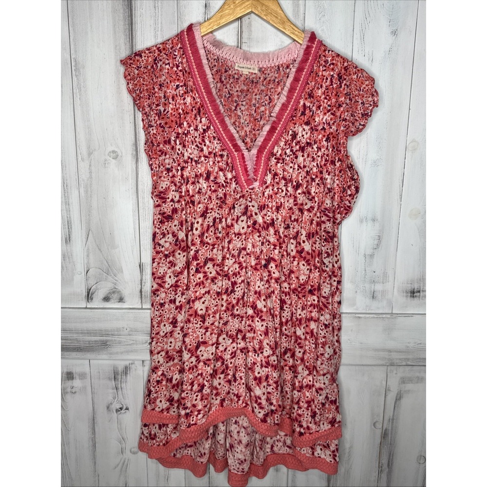 POUPETTE ST BARTH PINK FLORAL SASHA PLEATED FLUTTER SLEEVE MINI DRESS SMALL